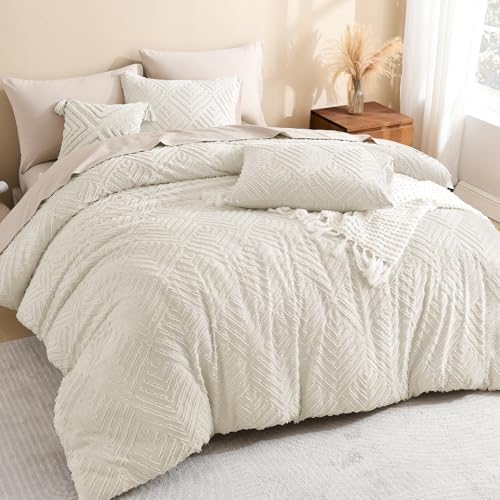 Super King Plus Comforter Set Beige Tufted Boho Bedding 3 Pcs - Litanika 128x120
