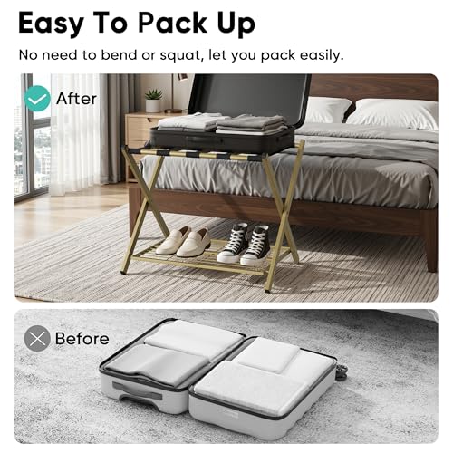 Smuxee Gold 2-Piece Fully Assembled Foldable Luggage Rack Set with 5 Nylon Straps