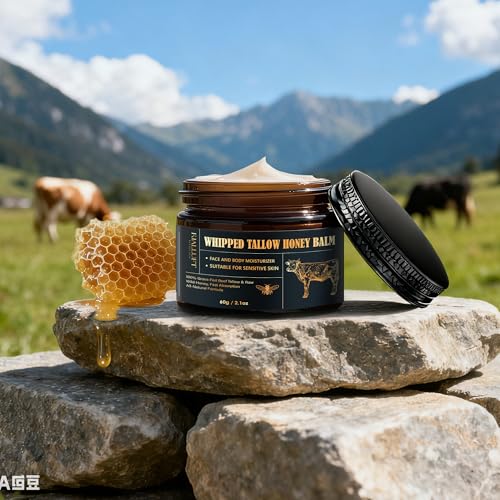 Beef Tallow and Honey Balm Moisturiser, Whipped Grass Fed with Raw Honey and Olive Oil, Anti-Aging Facial Cream, Unscented, 3 Ounce (Medium)