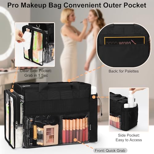 TANTO Travel Makeup Bag, Professional Makeup Artist Bag Tote Bags with 2*bag Extra Large Hair Stylist Travelling Duffle Bag Cosmetic Organizer with Dividers, Gifts for Makeup Beauty Lover (Black