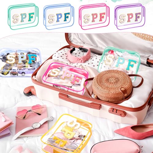 Kacctyen 12 Pcs Spf Clear Makeup Bags Bulk Waterproof Sunscreen Pouch Beach Pool Bag Chenille Letter Patch PVC Preppy Travel Toiletry Cosmetic Zipper Organizer for Women Girls Summer Vacation Gifts