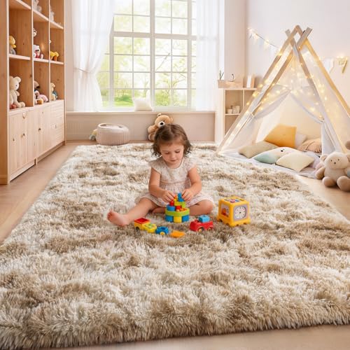 9x12Ft Shaggy Area Rug - Fuzzy Tie Dye Camel Living Room Carpet