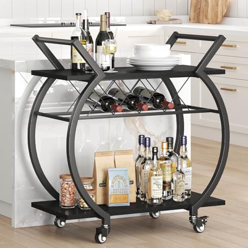 Black Arc-Shaped Bar Cart with Wheels and Wine Rack - Industrial Home Beverage Trolley with Storage