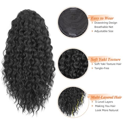 20 Inch Black Curly Ponytail Extension with Bangs - Drawstring Wavy Hairpiece for Women