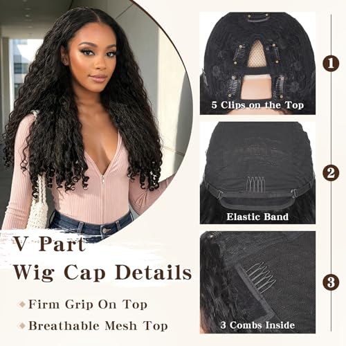 Suntefic Afro Curly V Part Wig 22 Inch Black Synthetic Hair, 180% Density