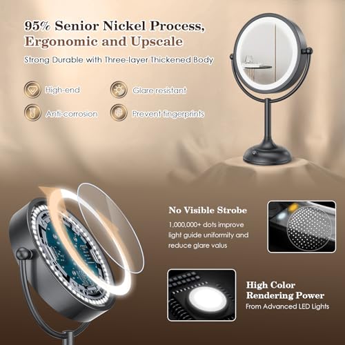 8.5-Inch Lighted Makeup Mirror with 10X Magnification, Dimmable LED Lights, Black Nickel Finish, 360° Rotation