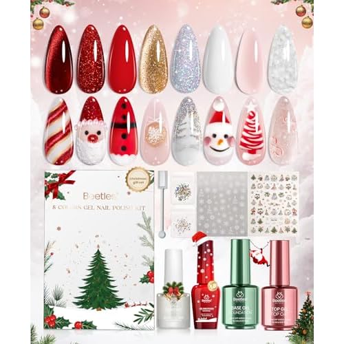 Beetles Merry Glow Christmas Gel Polish Set - 8 Holiday Colors Gel Nail Gift Box with Base&Top Coat, White Red Gold Silver Cat Eye Nude Nail Kit, Uv Led DIY Salon Manicure Kit Beauty Gifts for Women