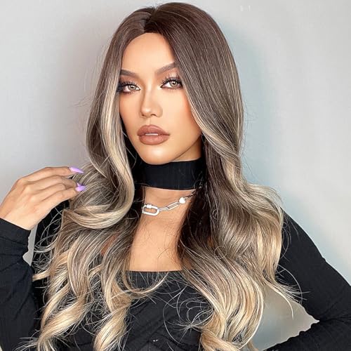 Mixed Brown Long Curly Wigs for Women Heat Resistant Synthetic Hair - Natural Layered Style