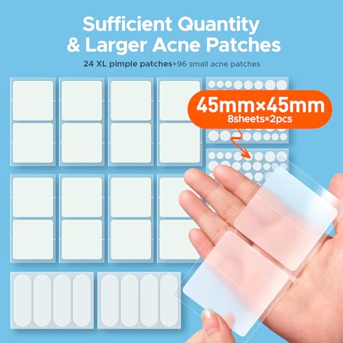 TKTK Hydrocolloid Bandages, 45 x 45 mm Large Pimple Patches for Face, XL Acne Patches for Body, Back, Forehead, Cheek Zit Breakouts, Big Hydrocolloid Patch (Square, Strip, Dot 5 Sizes 120 Count)