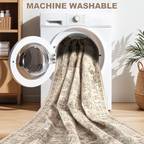 Micgeek 8x10 Beige Brown Washable Area Rug - Vintage Neutral Non-Slip Living Room Carpet