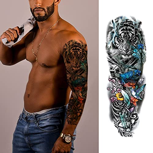 Halloween Full arm temporary tattoo,12sheets (L19¡°xW7¡±) Sleeve Tattoos temporary, Demon Fake Tattoos That Look Real, Tiger Dragon Koi Evil Eyes