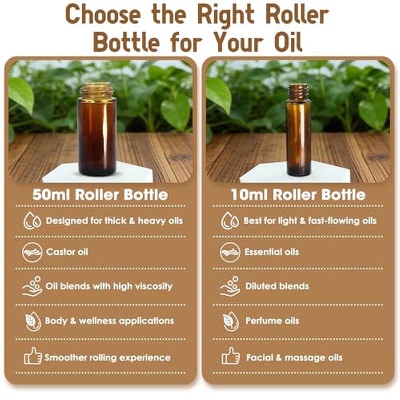 5 in 1 Roller Bottles for Essential Oils, 50ml Refillable Amber Glass Roll On Bottles with Natural Crystal Roller Balls, Leak-Proof Travel Perfume Bottle with Gold Caps