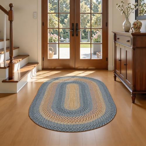Oval Braided Area Rug 3x5 ft Farmhouse Kitchen Mat Natural Rust Blue