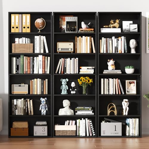 Black 6-Tier Open Bookcase - Modern Industrial Floor Standing Shelving
