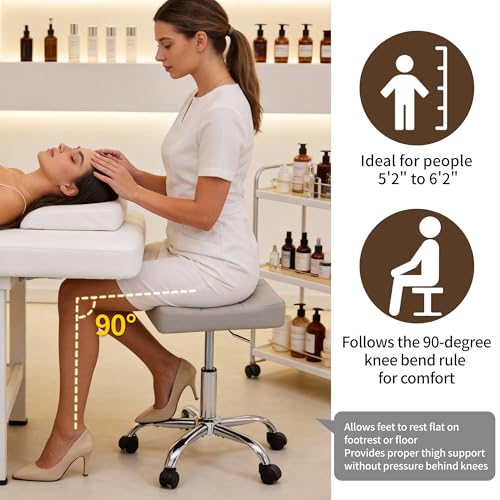 Saddle Stool with Wheels, Swivel Rolling Stools for Vanity, Adjustable Height Tattoo Stool 17"-21" (Gray)