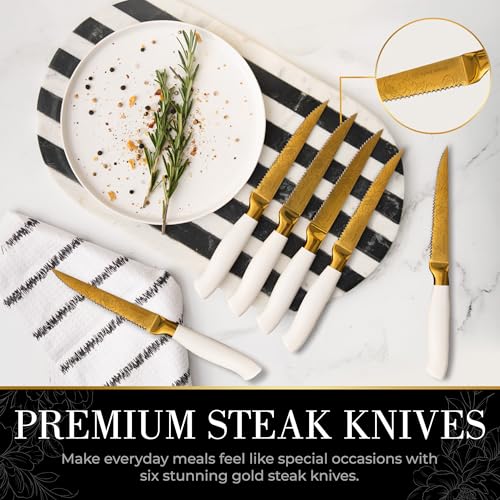 Gold and White Knife Set with Floral Pattern and Built-In Sharpener - 14-Piece with Knife Block (Off White Handle, Gold Blade & White Block)