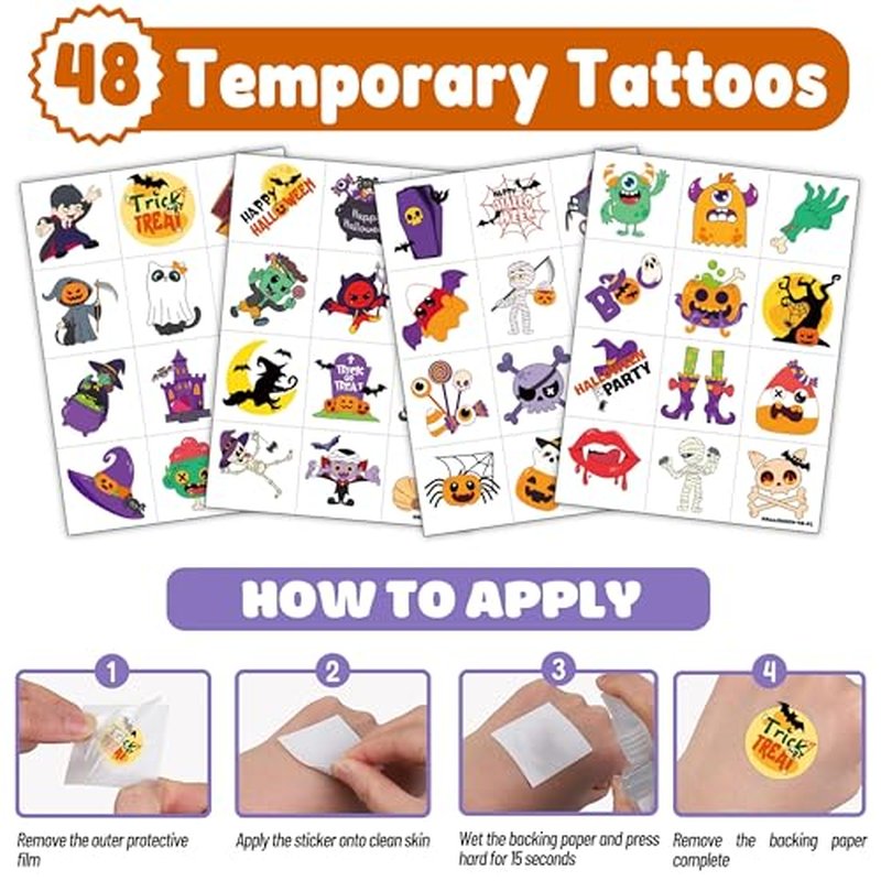 72 PCS Halloween Party Favors ? 48 Pre-Cut Temporary Tattoos & 24 Halloween Punch Balloons Trick or Treat Themed Birthday Party Decorations Supplies Favors Gifts, Goodie Bag Fillers, Classroom Rewards