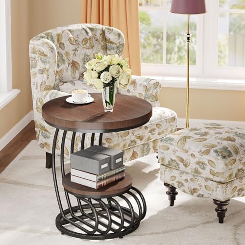 Rustic Brown Round End Side Table with 2-Tier Storage - Arc-Shaped Frame