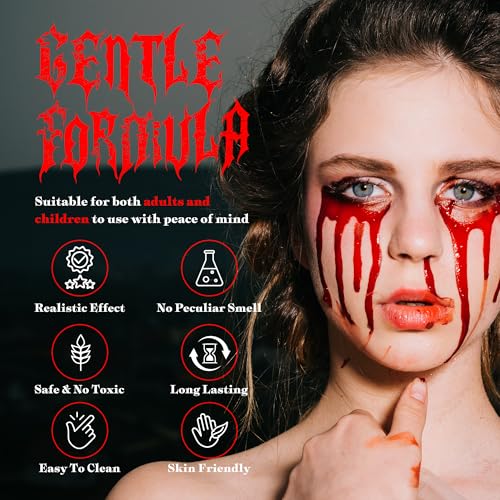 Vaneria Halloween Fake Blood Makeup Kit,Realistic Washable SFX Makeup with 50ml Blood Splatter, 50ml Sticky Blood, Sponge,4 Fake Scars & 4 Fluorescent Tattoo Stickers for Zombie, Vampire Cosplay