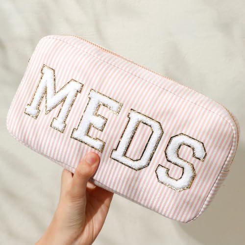 3pcs Pink Seersucker Chenille Letter Makeup & Travel Bags Set - Meds Rx Organizer
