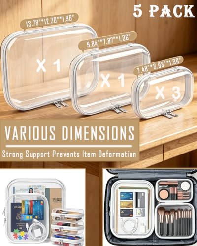 Clear Zipper Pouch Set for Travel & Organization - Hard Shell, Transparent, Waterproof - White 5-Pack