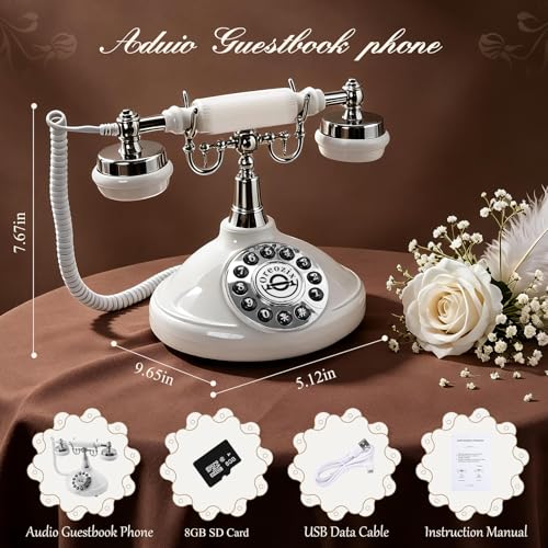 Oreozix Ivory White Retro Telephone Voice Recorder Wedding Guest Book with Custom Greeting