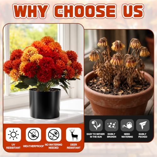Artificial Fall Pom Pom Mums Flower Set in 15-Inch Vases - Fall Colors / Mums