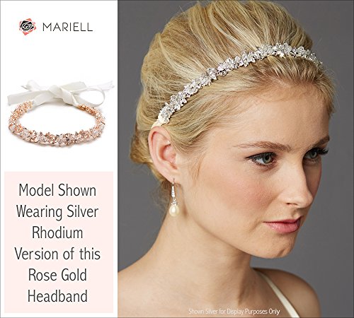 Mariell Rose Gold Blush Crystal Bridal Headband Hair Vine with Ribbon - Wedding Accessory
