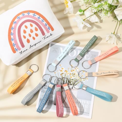 Hillban 60 Pcs Teacher Appreciation Gifts Bulk for Women 30 Rainbow Canvas Makeup Bags 30 Motivational Quotes Keychains Thank You Classroom Gift for Teachers Day Coworker Employee