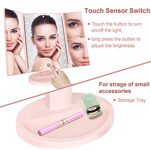 Pink Tri-Fold Lighted Vanity Mirror with 21 LED Lights & Touch Control