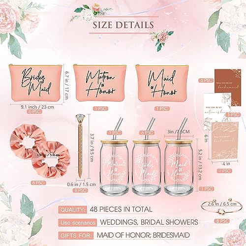 Irenare 48 Pcs 8 Set Bridesmaid Proposal Gifts Maid of Honor Gifts16oz Glass Cups Cosmetic Makeup Bags Invited Cards Scrunchies Hair Knotted Bracelets Diamond Pens(Elegant Style,Rose Gold)