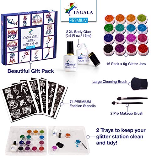 Blue Glitter Temporary Tattoo Kit for Kids & Teens with 74 Stencils & Body Glue