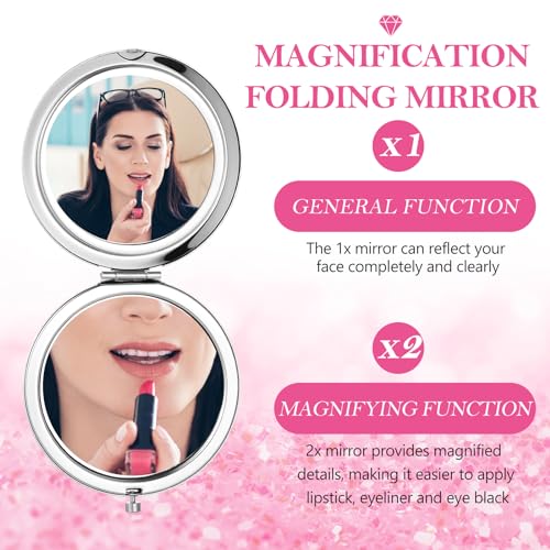 Pink Compact Folding Makeup Mirror Set - 2.75 Inch Portable Pocket Mirrors with Magnification