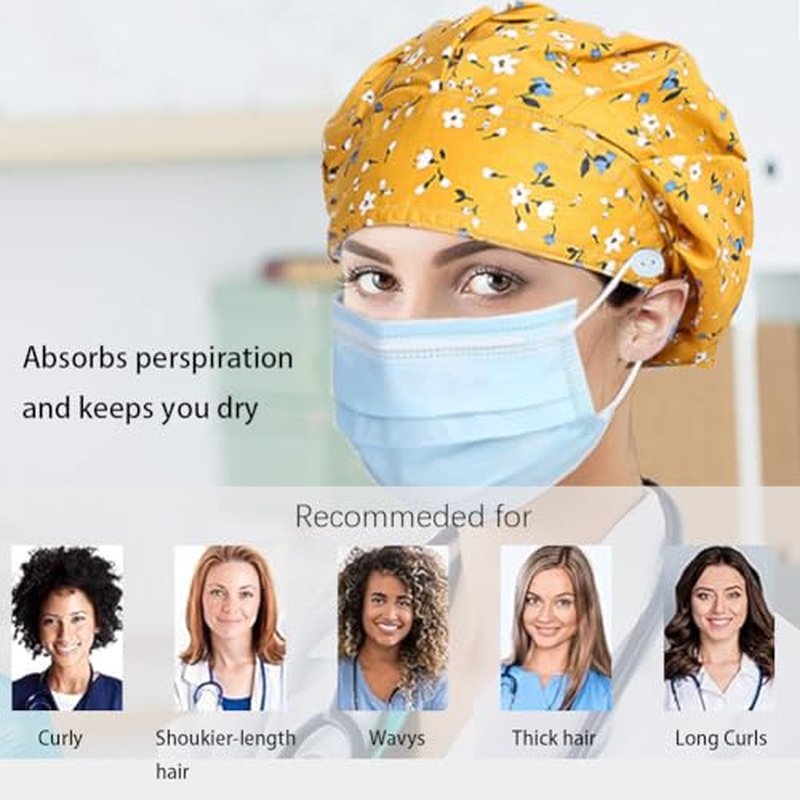 6PCS Bouffant Scrub Caps Women, Satin Lined Scrub Caps Women, Adjustable Surgical Cap for Womens, Nurse Cap with Button and Sweatband, Unisex Scrub Hats, One Size Multi Color