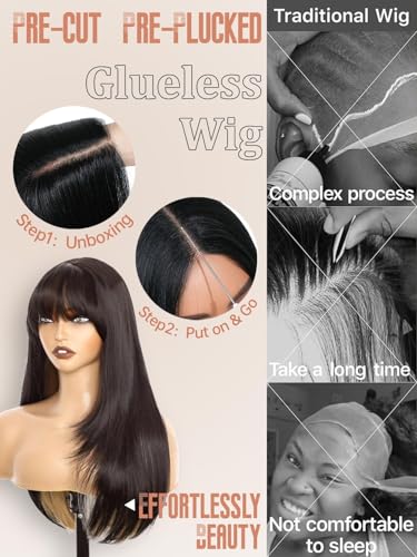 Black Synthetic Wig with Bangs - 26 Inch Long Straight Layered Style for Women, Heat Resistant & Natural Look