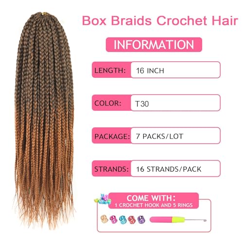 16 Inch Box Braids Crochet Hair Light Auburn - Pre Looped Goddess Braids for Black Women (7 Packs, T30)