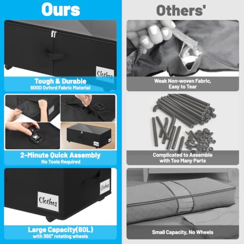 Under Bed Storage with Wheels 75L Black 4-Pack Clear Lid & Label - 10 Inch