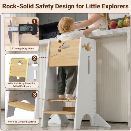 Toddler Standing Kitchen Stool with Safety Rail - Natural & White