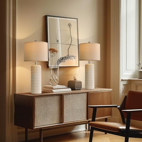 Tall Ceramic Table Lamps Set of 2 - White and Gold Modern Bedside Lamps for Living Room & Nightstand