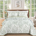 California King Quilt Set - Sage Green Botanical Lightweight Bedspread with Pillowcases - Reversible, 3 Pieces