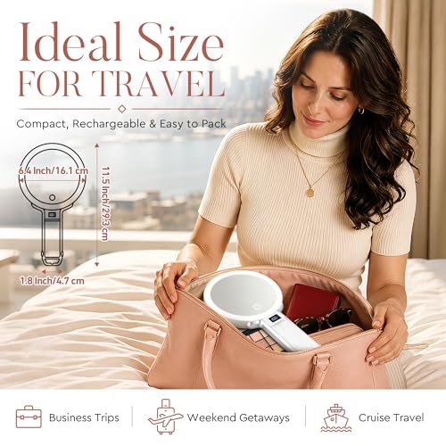 MIYADIVA White Height-Adjustable Travel Makeup Mirror with Lights, 1X/30X Magnification & Phone Holder