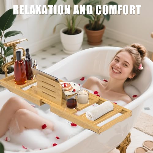 Promitop Natural Bamboo Expandable Bathtub Tray Caddy - Spa-Style Bath Accessory