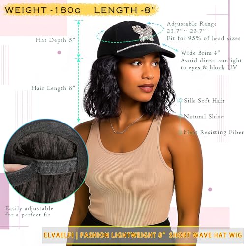 ELVAELFI 8-Inch Short Wavy Black Cap Wig with Rhinestone Butterfly for Women - Variation Cap21-1B / 8 Inch