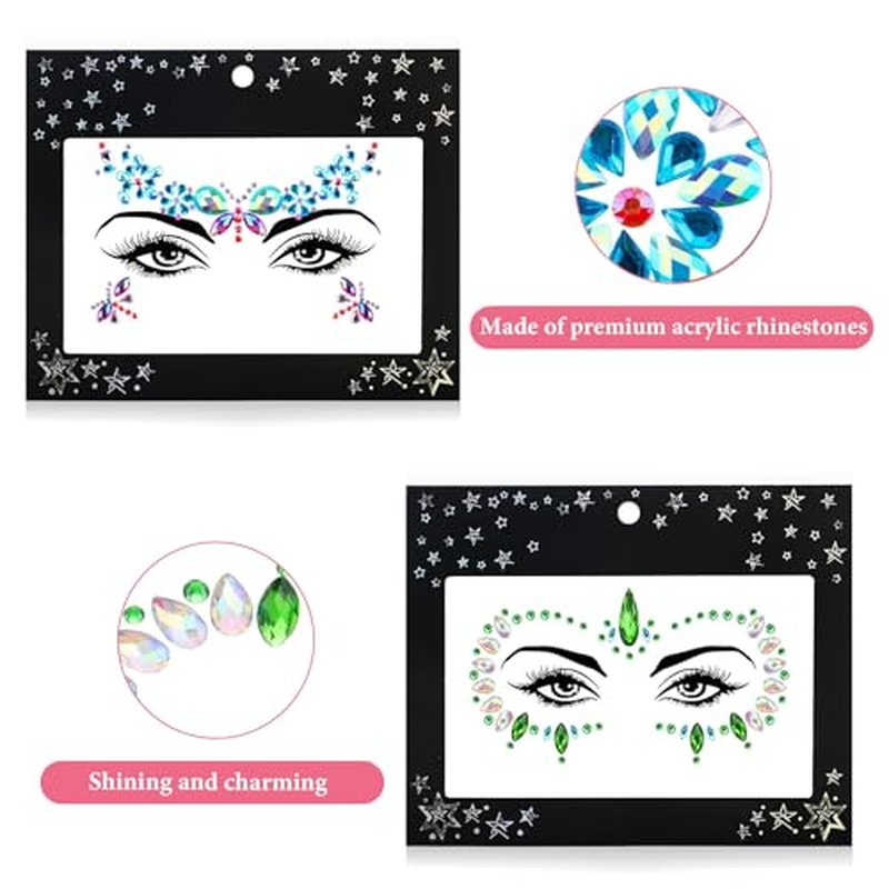 12 Sets Face Jewels Rhinestones Stick on Self Adhesive Face Gems Mermaid Body Jewel Crystal Stickers for Rave Festival Carnival Party Decorations
