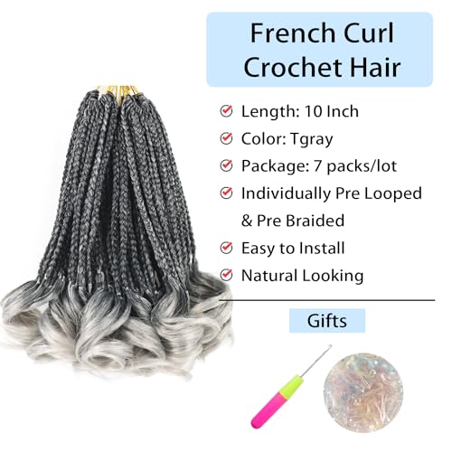 Kaluli 10 Inch Grey Crochet Hair for Black Women - 7 Packs French Curl Braids, Pre-Looped Goddess Box Braids