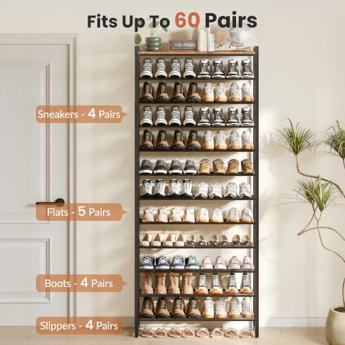 Rustic Brown and Black 12-Tier Metal Shoe Rack with Wood Top - Adjustable Boot Storage, Narrow Design for Entryway & Closet