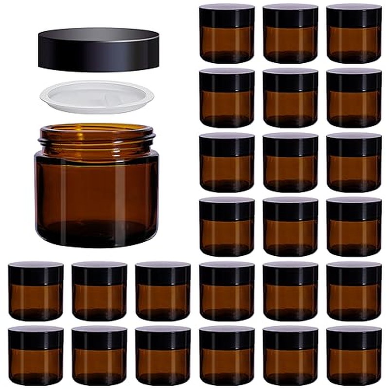 2 oz Amber Glass Jars with Lids,24 Pack 2oz Small Glass Jar with Inner Liners and Black Lids,Travel Jars for Cosmetics Container,Cream Lotion,Body Scrub, Lotion
