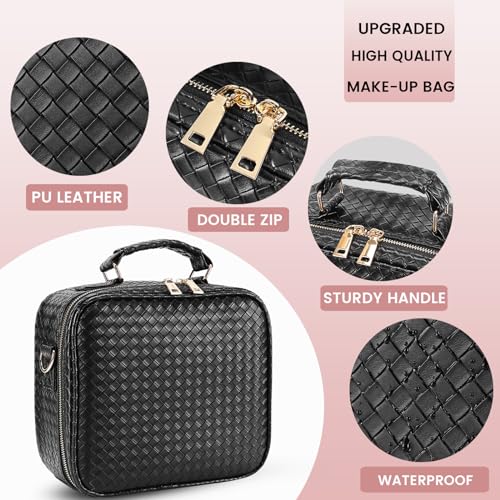 DESCHEN Travel Makeup Bag with Led Mirror, Makeup Organizer Cosmetic Train Case, PU Leather Makeup Case with 3 Light Modes & Dimmable Touch Control, Portable Make Up Box Water-Resistant (Black)