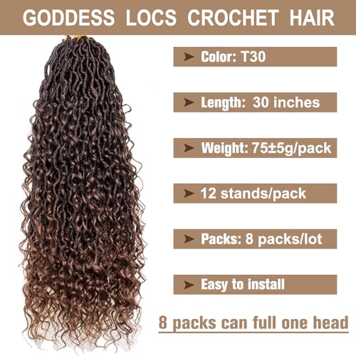 30 Inch Brown Goddess Faux Locs Crochet Hair - Boho Curly Locs, 8 Packs, Variation T30#
