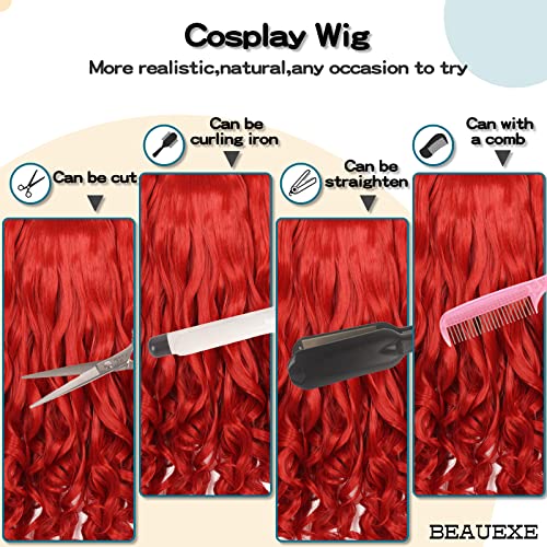 Red Long Curly Wig with Removable Pigtails for Cosplay Women Girls - Halloween Party